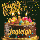 A delightful chocolate birthday cake with bright candles and 'Happy Birthday Jayleigh' written in gold amidst a shower of animated stars.