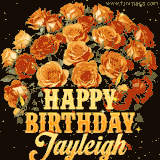 Animated bouquet of orange roses with moving butterfles and golden 'Happy Birthday Jayleigh' text, surrounded by sparkling accents and a dark backdrop for a luxurious feel.