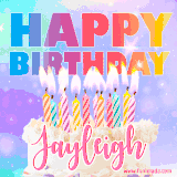 A vibrant animated name GIF with the words 'Happy Birthday Jayleigh' with colorful candles on a creamy cake. The background sparkles with pastel shades, adding a festive touch.