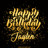 Animated GIF with colorful, festive 'Happy Birthday Jaylen' text decorated with patterns, a party hat, and falling confetti. A vibrant and cheerful design for birthday celebrations.