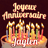 A Happy Birthday GIF in French featuring a festive birthday cake adorned with bright candles and the glowing text 'Joyeux Anniversaire Jaylen' in a cheerful style.
