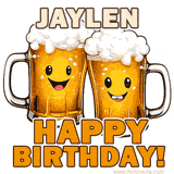Animated GIF with name Jaylen featuring two smiling beer mugs with frothy tops, toasting in celebration. The text reads 'Jaylen, Happy Birthday!' in bold letters.