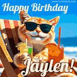 A cheerful cat wearing sunglasses, enjoying drinks on a sunny beach chair, with the text 'Happy Birthday Jaylen!' in bright letters.