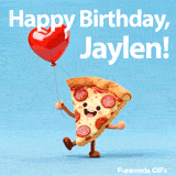 Happy Birthday Jaylen text above a cute animated slice of pepperoni pizza