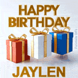 Festive and clean digital birthday greeting for Jaylen featuring beautifully rendered bouncing presents in red, white, and blue with gold accents