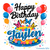 Elegant black Happy Birthday font above a decorated cake with balloons, hearts, and the name Jaylen.