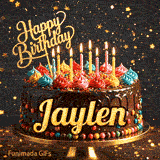 Festive chocolate birthday cake decorated with colorful frosting and candles under sparkling golden stars, personalized for Jaylen.