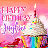 A vibrant birthday GIF featuring a rainbow-colored cupcake topped with white frosting, sprinkles, and a lit candle. The text reads 'Happy Birthday Jaylen' in bold pink and violet letters with white outline.