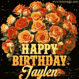Animated bouquet of orange roses with moving butterfles and golden 'Happy Birthday Jaylen' text, surrounded by sparkling accents and a dark backdrop for a luxurious feel.