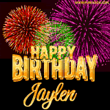 A golden 'Happy Birthday Jaylen' message with vibrant fireworks in the background, creating a festive and celebratory vibe in this animated name GIF.
