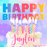 A vibrant animated name GIF with the words 'Happy Birthday Jaylen' with colorful candles on a creamy cake. The background sparkles with pastel shades, adding a festive touch.