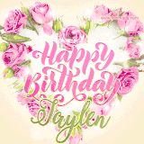 A stunning heart made of pink roses surrounds the elegant script text 'Happy Birthday Jaylen' on a soft beige background. Animated sparkles add a magical and festive feel.