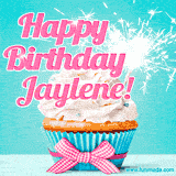 A festive cupcake with pink icing, a gingham bow, and a lit animated sparkler, paired with 'Happy Birthday Jaylene!' in bright pink text.