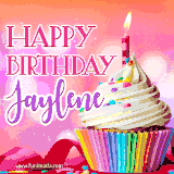 A vibrant birthday GIF featuring a rainbow-colored cupcake topped with white frosting, sprinkles, and a lit candle. The text reads 'Happy Birthday Jaylene' in bold pink and violet letters with white outline.