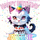 Adorable party-themed animated cat next to a lit birthday cake with text that says 'Happy Birthday Jaylene,' surrounded by colorful decorations and sparkles.
