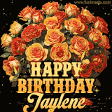 Animated bouquet of orange roses with moving butterfles and golden 'Happy Birthday Jaylene' text, surrounded by sparkling accents and a dark backdrop for a luxurious feel.
