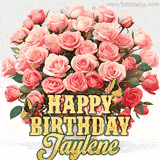 Golden 'Happy Birthday Jaylene' text beneath a vibrant bouquet of orange roses, complete with glittering butterflies and sparkling details.