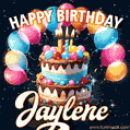 Hand-drawn happy birthday cake adorned with an arch of colorful balloons - name GIF for Jaylene