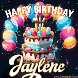 Bright birthday animation for Jaylene with a chocolate cake, candles, balloons, and glowing celebratory lights.