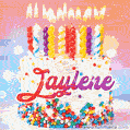 Personalized for Jaylene elegant birthday cake adorned with rainbow sprinkles, colorful candles and glitter