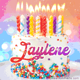 A cheerful white birthday cake with multicolor sprinkles, lit candles, and 'Jaylene' written in vibrant letters, in an animated GIF.