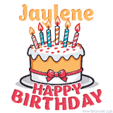 Cartoon birthday cake with a red bow, glowing candles, and 'Jaylene Happy Birthday' text in bold animated style.