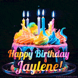 A mesmerizing animated cake with multicolor frosting and candles, and the words 'Happy Birthday Jaylene' on the black background.