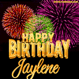 A golden 'Happy Birthday Jaylene' message with vibrant fireworks in the background, creating a festive and celebratory vibe in this animated name GIF.