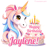 An adorable animated unicorn with soft pastel colors sits beside a birthday cake with glowing candles, and a pink 'Happy Birthday Jaylene!' words.