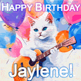 Animated GIF featuring a charming white cat with bright blue eyes strumming a guitar while colorful balloons float in the background, with 'Happy Birthday Jaylene!' text.