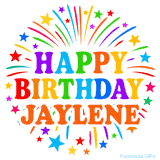 Happy Birthday Jaylene' GIF with rainbow-colored letters, colorful stars, and fireworks on white background.