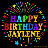 Personalized greeting card with name, colorful text that says 'Happy Birthday Jaylene' surrounded by animated fireworks and multicolor stars