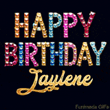 Vibrant luxury birthday greeting card for Jaylene, showing glittering gemstone letters and golden calligraphy on a dark background with twinkling shine effects.