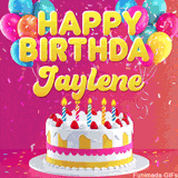 Pink-themed animated greeting with balloons, confetti, and a frosted cake under the message 'Happy Birthday Jaylene' in bold rounded yellow font.