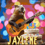 Animated birthday GIF showing a capybara playing guitar and singing beside a birthday cake with the name Jaylene in large letters and colorful bokeh lights in the background.