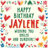 A colorful animated card for Jaylene’s birthday featuring playful hearts, cheerful flowers, and a handwritten message wishing smiles and sunshine.