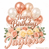 A bouquet of pastel roses and green leaves with Happy Birthday Jaylene animation