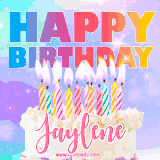 A vibrant animated name GIF with the words 'Happy Birthday Jaylene' with colorful candles on a creamy cake. The background sparkles with pastel shades, adding a festive touch.