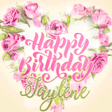 A stunning heart made of pink roses surrounds the elegant script text 'Happy Birthday Jaylene' on a soft beige background. Animated sparkles add a magical and festive feel.