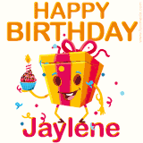 A vibrant and funny gift box character with a happy face dancing with a cupcake and the text 'Happy Birthday Jaylene,' surrounded by animated confetti and party vibes.