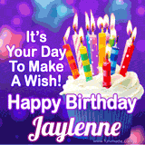A colorful birthday GIF for Jaylenne featuring a cupcake with vibrant lit candles and the text 'It's Your Day to Make a Wish! Happy Birthday Jaylenne' in bold letters on a festive purple background.