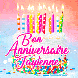 A white birthday cake covered in colorful sprinkles, topped with bright candles, and French text 'Bon Anniversaire Jaylenne' on a pastel gradient background in an animated GIF.