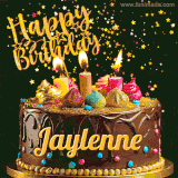 A delightful chocolate birthday cake with bright candles and 'Happy Birthday Jaylenne' written in gold amidst a shower of animated stars.