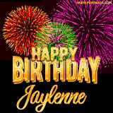 A golden 'Happy Birthday Jaylenne' message with vibrant fireworks in the background, creating a festive and celebratory vibe in this animated name GIF.