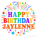Happy Birthday Jaylenne' GIF with rainbow-colored letters, colorful stars, and fireworks on white background.