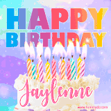 A vibrant animated name GIF with the words 'Happy Birthday Jaylenne' with colorful candles on a creamy cake. The background sparkles with pastel shades, adding a festive touch.