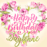A stunning heart made of pink roses surrounds the elegant script text 'Happy Birthday Jaylenne' on a soft beige background. Animated sparkles add a magical and festive feel.