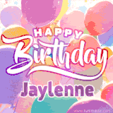 A vibrant name GIF featuring colorful balloons in shades of pink, orange, and yellow with the bold text 'Happy Birthday Jaylenne' in festive fonts, creating a lively birthday vibe.