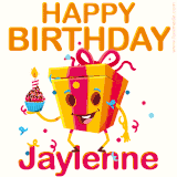 A vibrant and funny gift box character with a happy face dancing with a cupcake and the text 'Happy Birthday Jaylenne,' surrounded by animated confetti and party vibes.