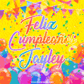 A bright and festive GIF with the text 'Feliz Cumpleaños Jayley' in Spanish in colorful fonts, surrounded by confetti, balloons, and festive banners on a vibrant yellow background.